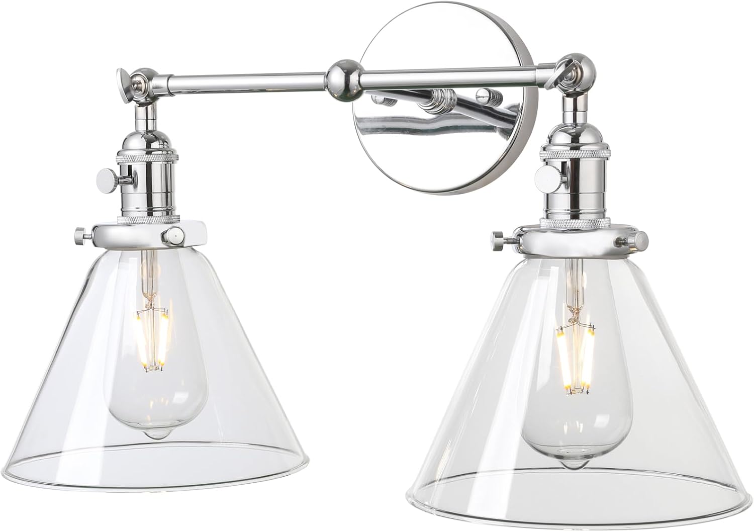 PERMO Double Sconce Chrome Industrial 2-Lights Wall Sconces with Funnel Flared Glass Clear Glass Shade Vanity Light for Bedroom (Chrome)