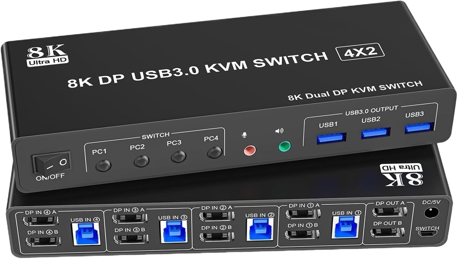 8K@60Hz Displayport USB3.0 KVM Switch 2 Monitor for 4 Computer, DP1.4 Switch 4 Port with Audio Microphone Output 3 USB 3.0 Ports(US Power Adapter)