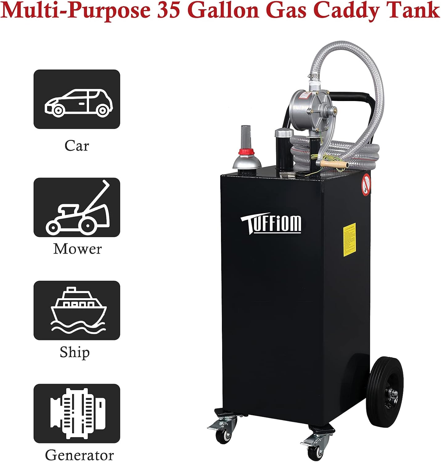 TUFFIOM 35 Gallon Fuel Gas Caddy w/Wheels & Manual Siphon Pump, Portable Diesel Fuel Transfer Storage Tank w/11.9ft Hose, Gasoline Can Container for ATV Car Mowers Tractor Boat Motorcycle