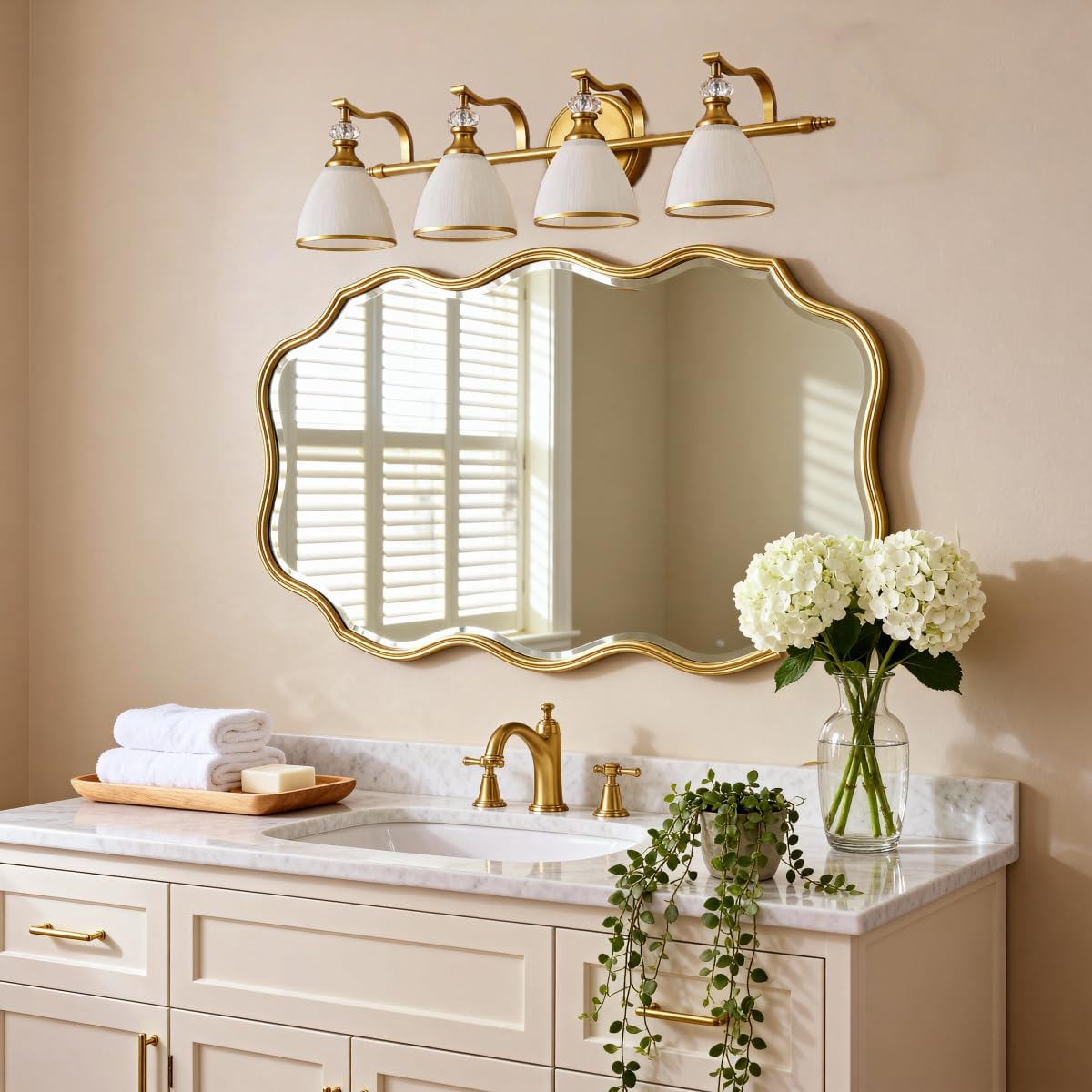 ANDY STAR Brushed Gold Vanity Light, 4-Light Bathroom Light Fixtures, Vintage Wall Lamp with Bell Shaped Frosted Lampshade, 27.8 Inch Bathroom Lighting Fixtures Over Mirror, (Bulbs Not Included)