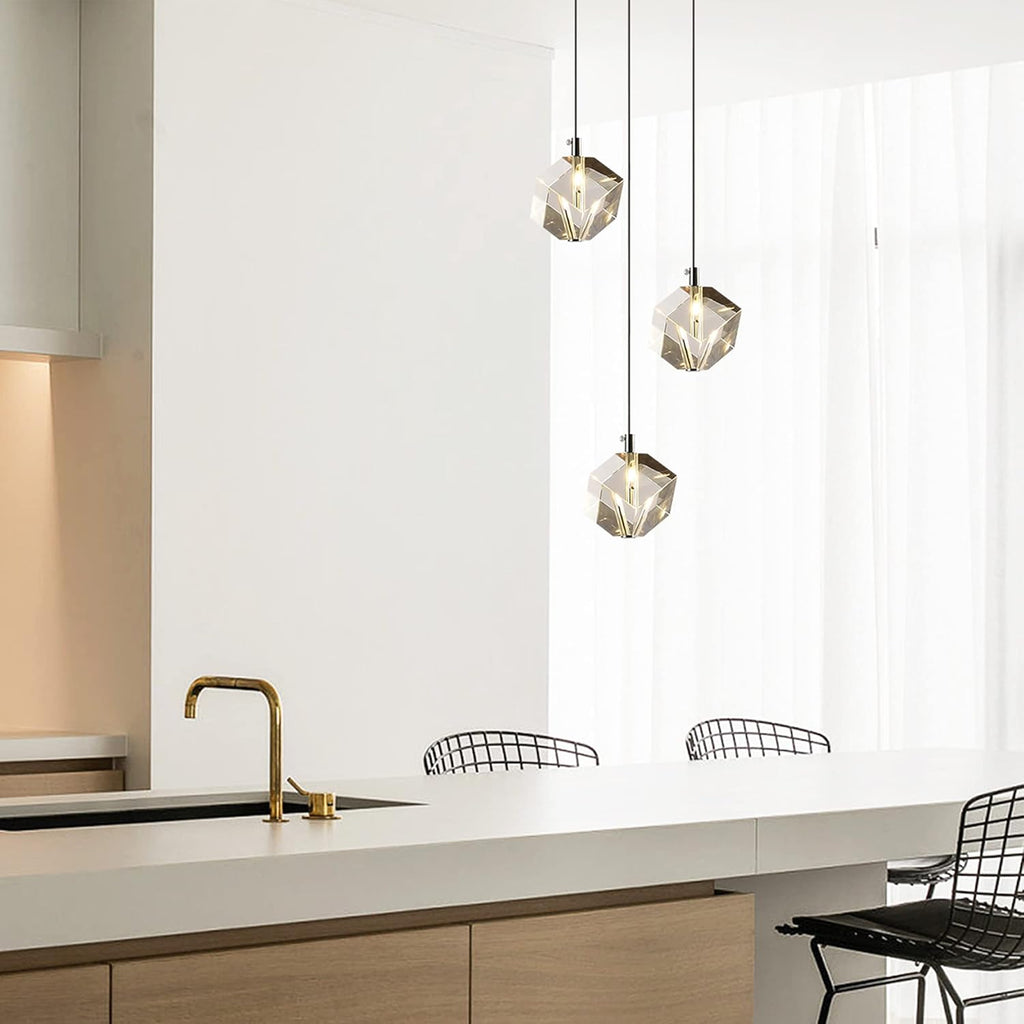 3-Light Cube Crystal Pendant Lighting, Cluster Square Pendant Chandelier in Chrome, Clear Crystal Hanging Pendant Ceiling Light Fixture for Dining Room Kitchen Island, 9W
