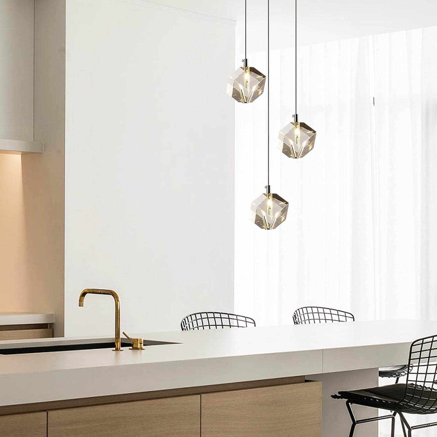 3-Light Cube Crystal Pendant Lighting, Cluster Square Pendant Chandelier in Chrome, Clear Crystal Hanging Pendant Ceiling Light Fixture for Dining Room Kitchen Island, 9W