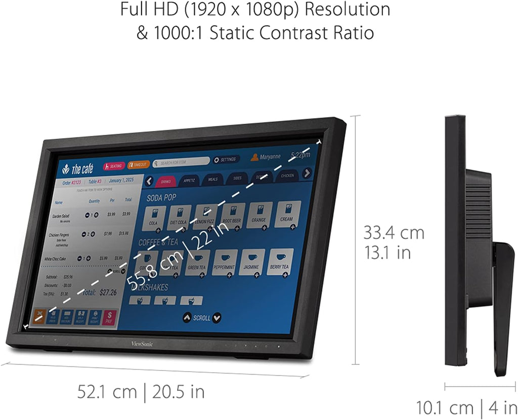 ViewSonic TD2223 22 Inch 1080p Touch Screen Monitor, 10-Point Multi IR Touch for Retail POS and Kiosks, Durable 7H Scratch-Resistant Glass, Eye Care Technology, HDMI, VGA, DVI, and USB Hub Inputs