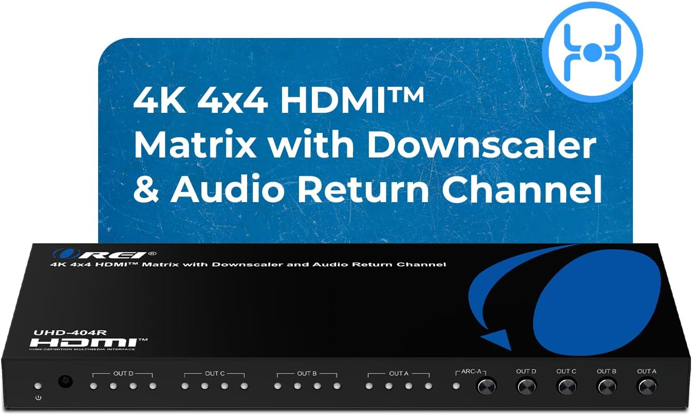 OREI 4K@60Hz 4×4 HDMI Matrix Switch with Downscaler & ARC, 18Gbps, HDCP 2.2, HDR, Audio Extraction (Optical & Analog), 4K-to-1080p Scaling, IR Remote (UHD-404R)