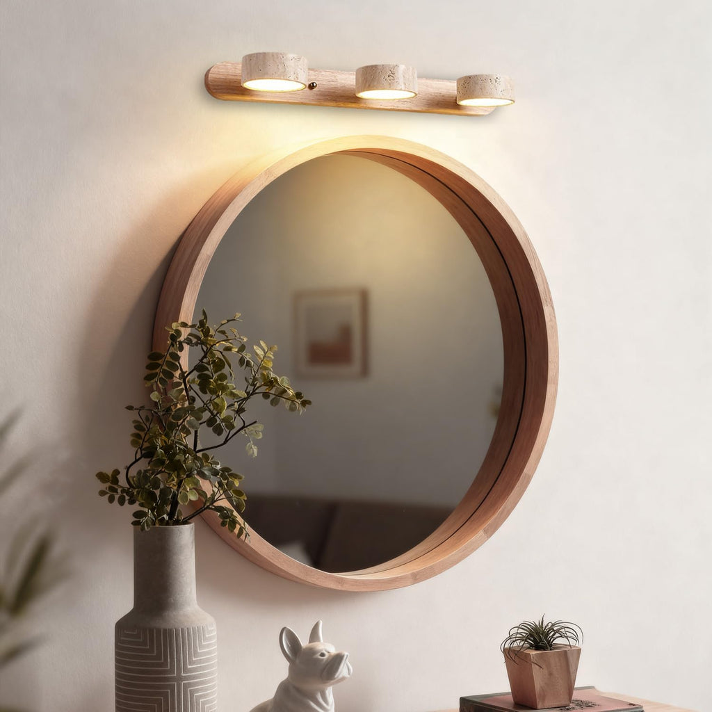 LED Natural Wood Vanity Light with 3 Travertine Stone Shades, Bathroom Vanity Light Fixture, 360° Rotatable Stone Lampshades, Modern Rustic Wall Lamp for Bedroom, Living Room, Hallway (Natural Wood)