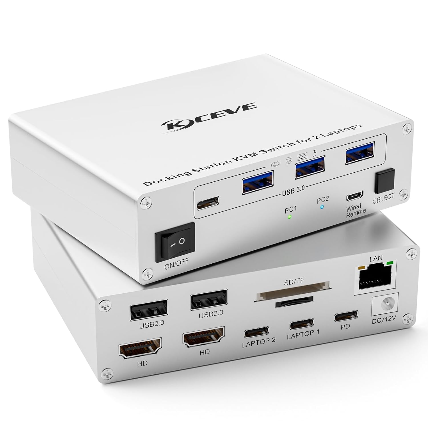 KCEVE 15-in-1 KVM Switch USB C Docking Station, USB 3.0 KVM Switch 2 Monitors 2 Laptops HDMI 4K@60Hz, 80W PD, 5Gbps, MST, Gigabit Ethernet, SD/TF Card, Wired Remote(4K USB C HDMI 2 in 2 Out KVM)