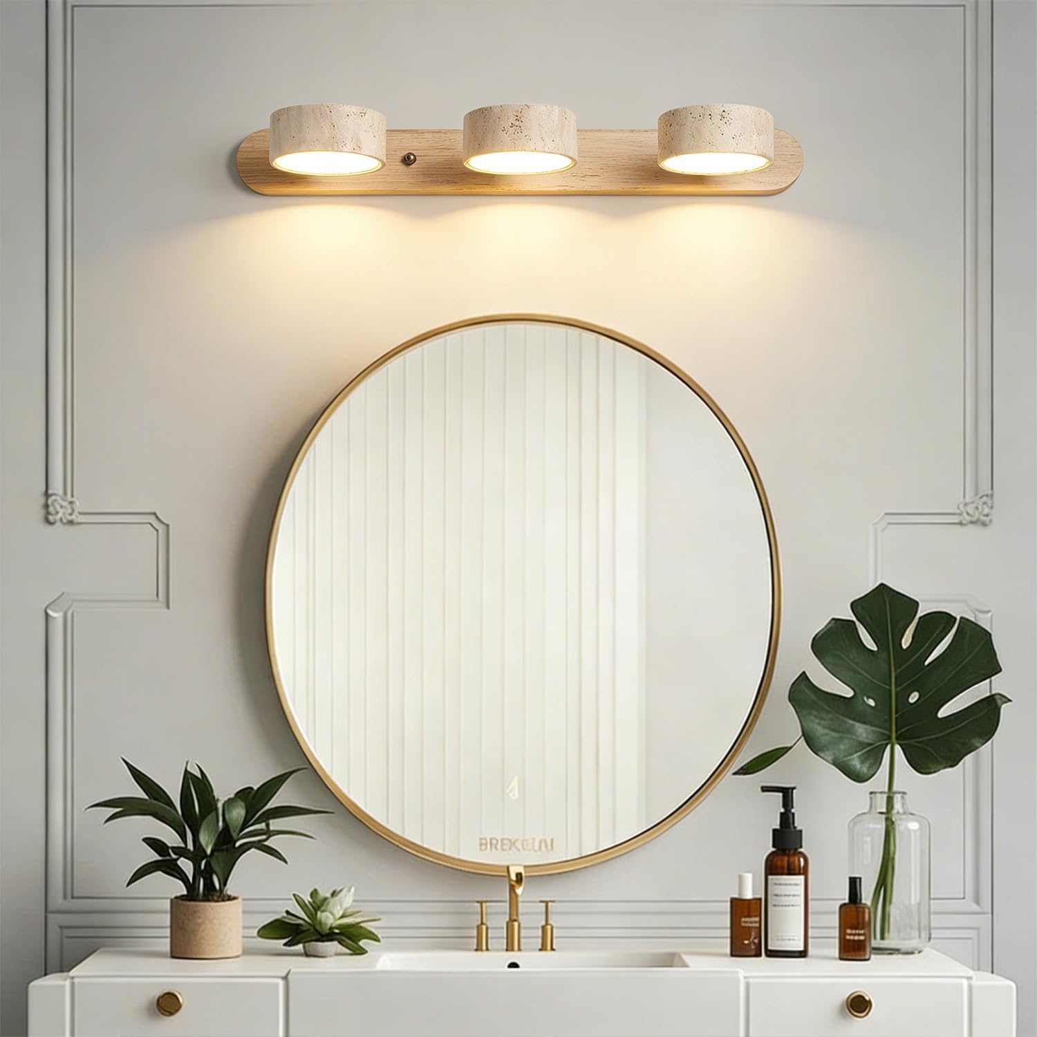 LED Natural Wood Vanity Light with 3 Travertine Stone Shades, Bathroom Vanity Light Fixture, 360° Rotatable Stone Lampshades, Modern Rustic Wall Lamp for Bedroom, Living Room, Hallway (Natural Wood)
