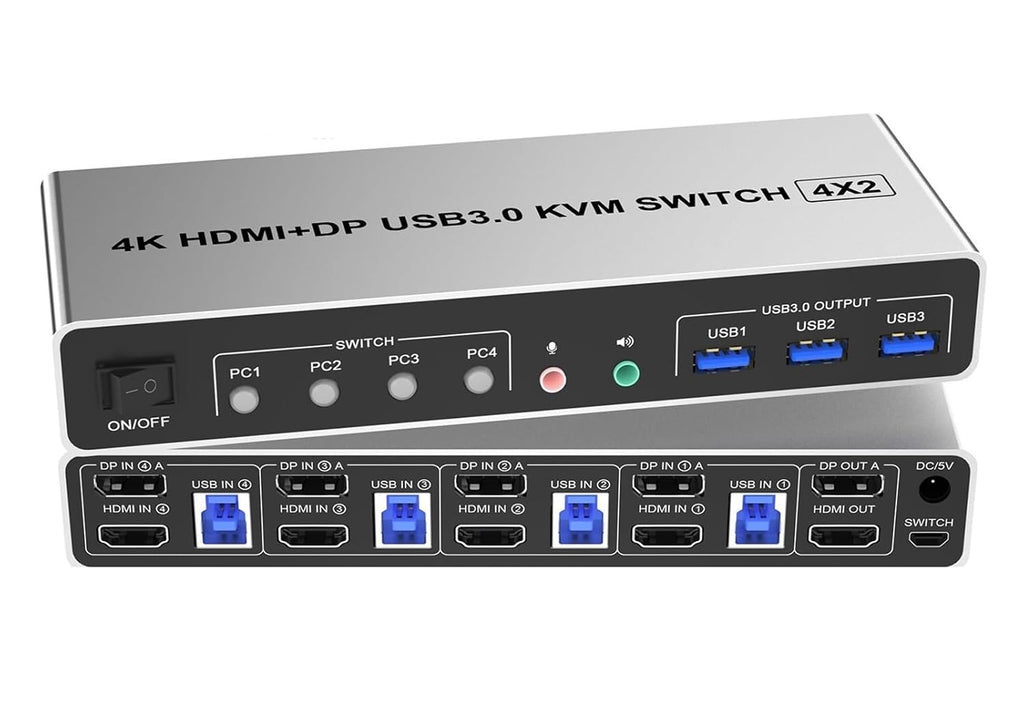 4K@60Hz USB 3.0 Displayport+HDMI KVM Switch 2 Monitors 4 Computers, 4 Port Dual Monitor HDMI+DP Monitor Switch for 4 PC(EU Plug)