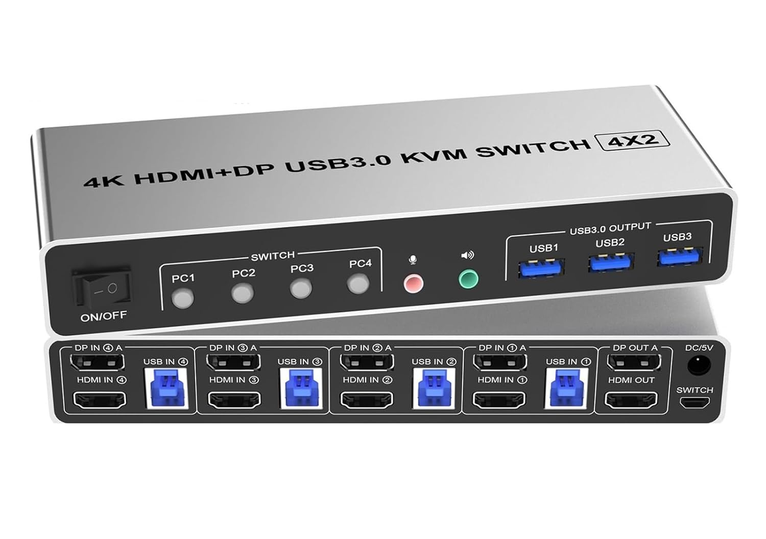 4K@60Hz USB 3.0 Displayport+HDMI KVM Switch 2 Monitors 4 Computers, 4 Port Dual Monitor HDMI+DP Monitor Switch for 4 PC(EU Plug)