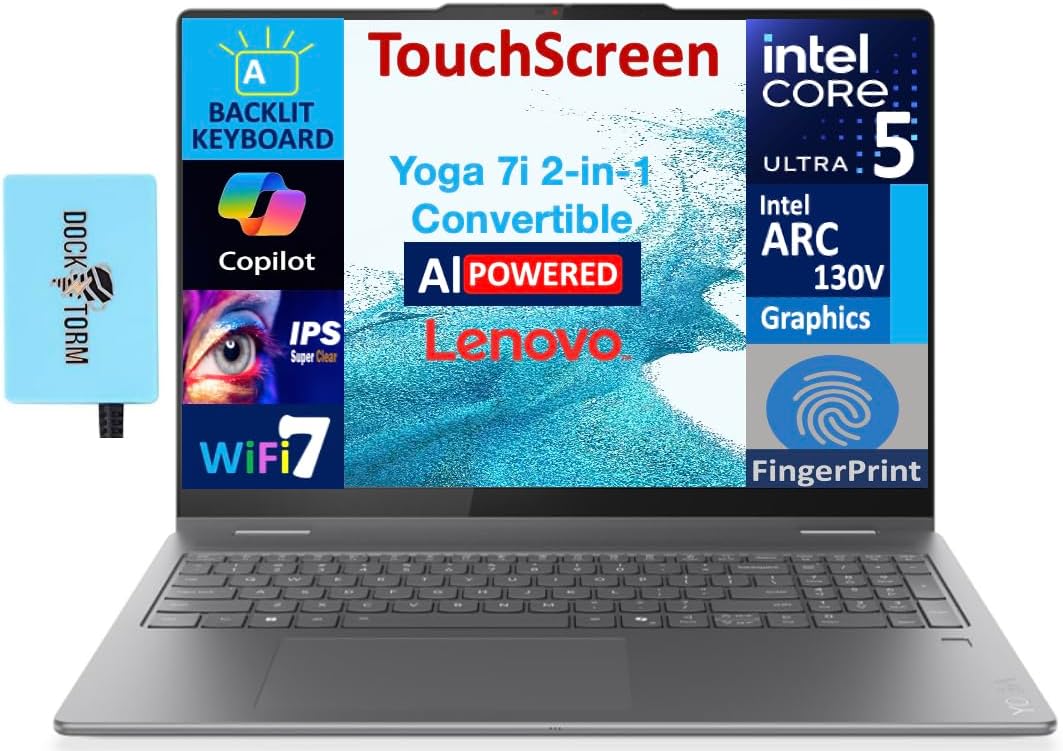 Lenovo Yoga 7i 2-in-1 AI Copilot + Laptop 16.0' 2K Touchscreen Display (Intel Ultra 5 Series 2, 16GB LPDDR5X, 1TB M.2 PCIe SSD, Backlit KB, Fingerprint, 2 TB 4, Win 11 Pro) w/DKZ USB Port Expander