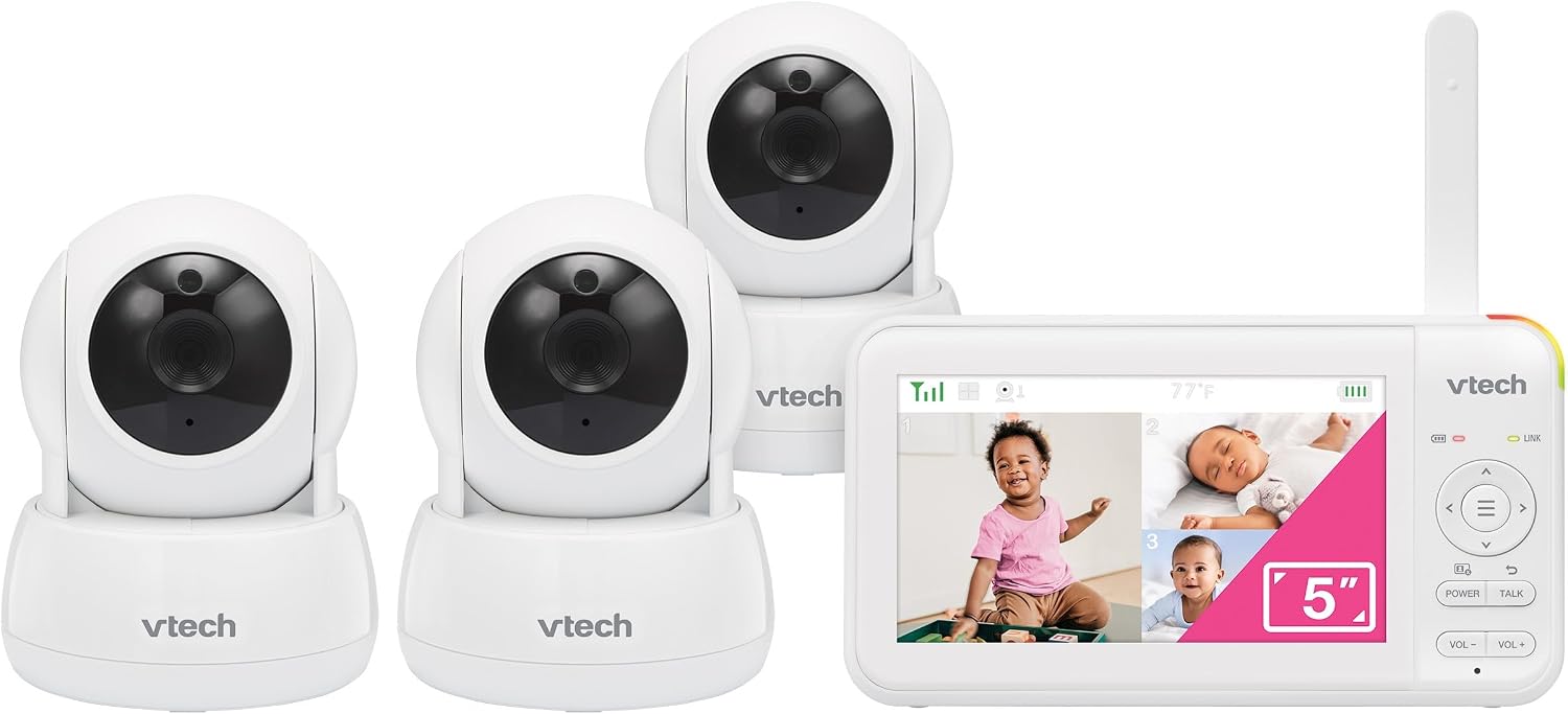 VTech 924-3W Video Baby Monitor with 3 Cameras, 5' LCD Screen, No WiFi, Pan Tilt Zoom, Up to 17Hrs Video & 31Hrs Audio Battery, 1000ft Range, Night Vision, Lullabies, Temperature Sensor, 2-Way Talk