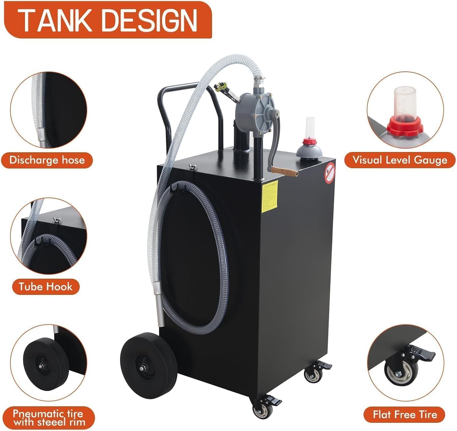 45 Gallon Portable Gas Caddy Fuel Storage Tank, Fuel Storage Tank With Manual Transfer Pump, Flat-Free Wheels, Heavy Duty Gas Can With Hose for Car, Truck, ATV, Boat, Lawn Mower Red