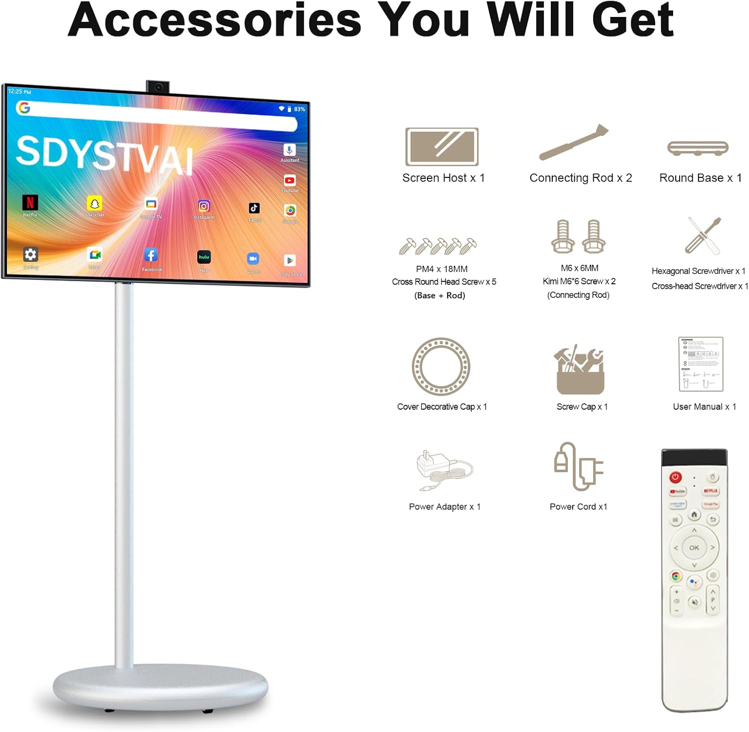 27' FHD Smart Portable TV, Rolling TV on Wheels, Android 15 OS, 6G +128GB Storage, Portable Touch Screen Monitor, 13MP Camera, Built-in Battery, 60Hz Refresh Rate, Full Swivel Rotation, Voice Remote