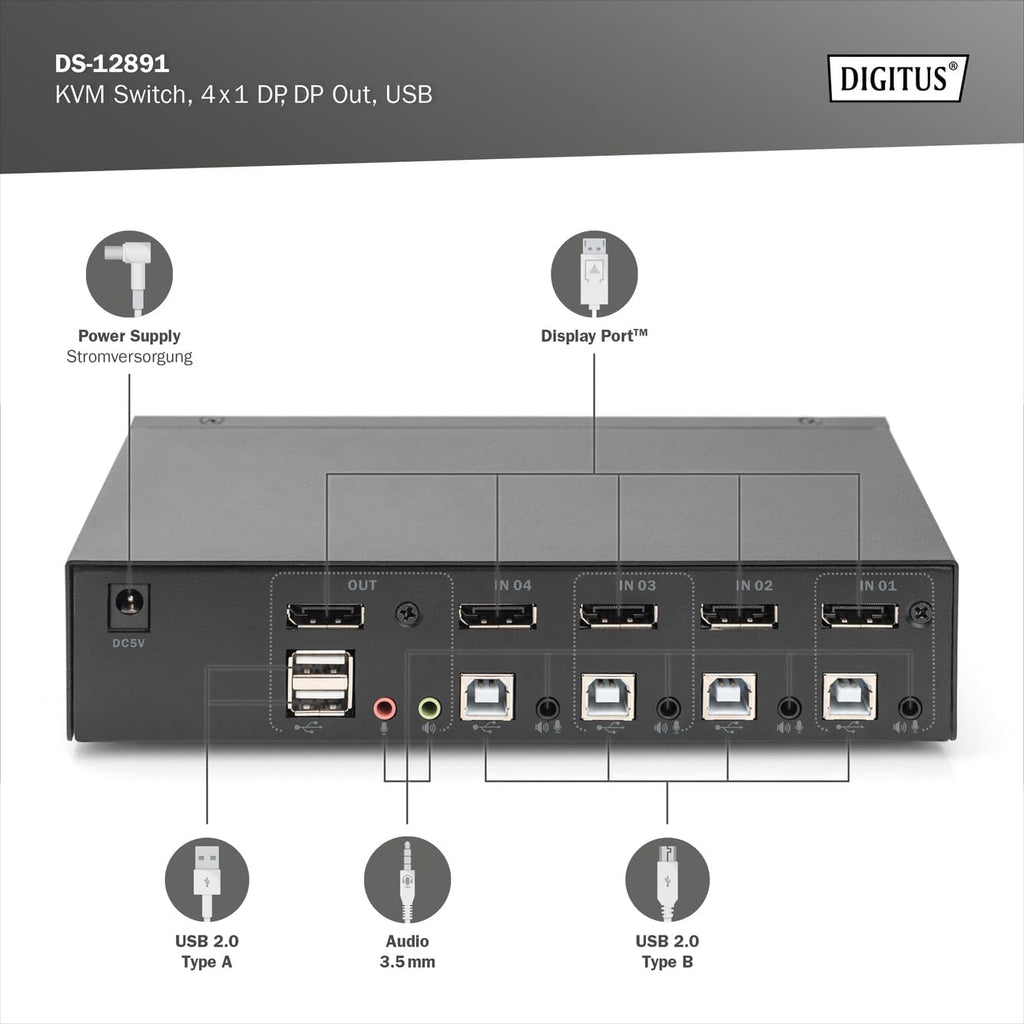 DIGITUS Displayport KVM Switch - 4-Port Single Display - 4 PC 1 Monitor - 1x Mouse, Keyboard & Audio for 4 Computers - UHD 4K@60Hz (4096 x 2160p) - Hot Key Switch - 1x USB 2.0 Hub - Black