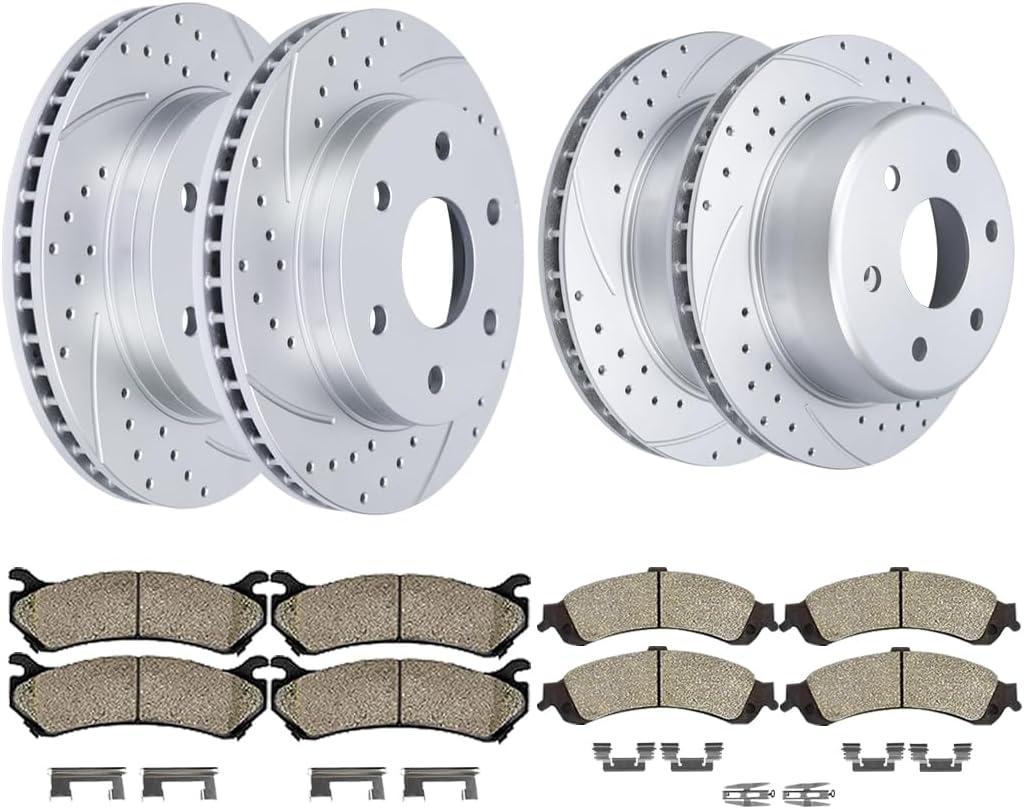 Front(12') and Rear(12.99') Brake Kit Fit for Chevrolet Avalanche Silverado Suburban Tahoe Cadillac Escalade ESV EXT GMC Sierra Yukon Drilled and Slotted Brake Rotors Ceramic Brake Pads Fit 4WD/AWD
