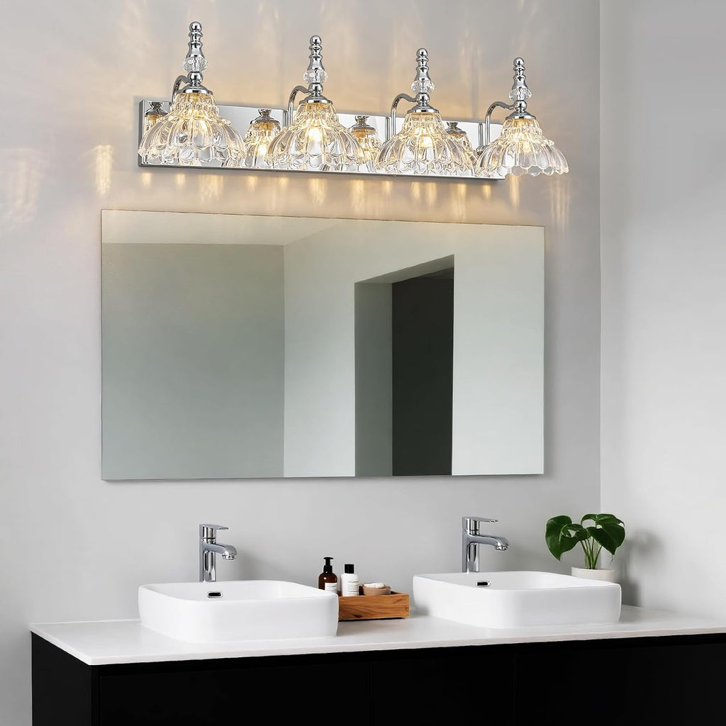 Vintage Bathroom Vanity Light, 4-Light Chrome Vanity Lighting Fixture with Flower Glass Shade, Bathroom Lighting Fixtures Over Mirror