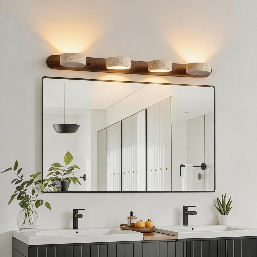 LED Bathroom Vanity Light, Travertine Stone Light Fixture, 360° Rotatable Stone Lampshades, Modern Rustic Wall Lamp for Bedroom, Living Room, Hallway (Walnut Wood-4 Lights)