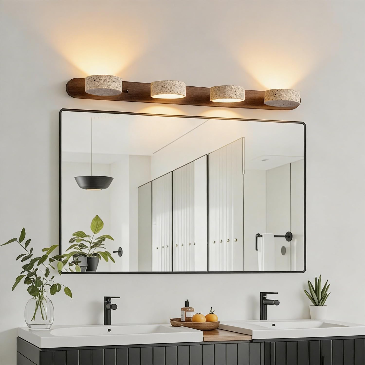 LED Bathroom Vanity Light, Travertine Stone Light Fixture, 360° Rotatable Stone Lampshades, Modern Rustic Wall Lamp for Bedroom, Living Room, Hallway (Walnut Wood-4 Lights)
