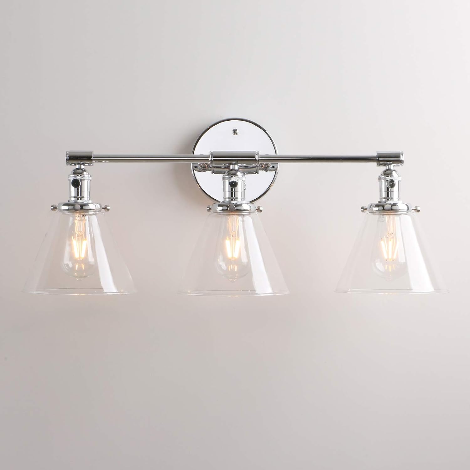 Permo Vintage Industrial Antique Three-Light Wall Sconces with Funnel Flared Clear Glass Shade (Chrome)