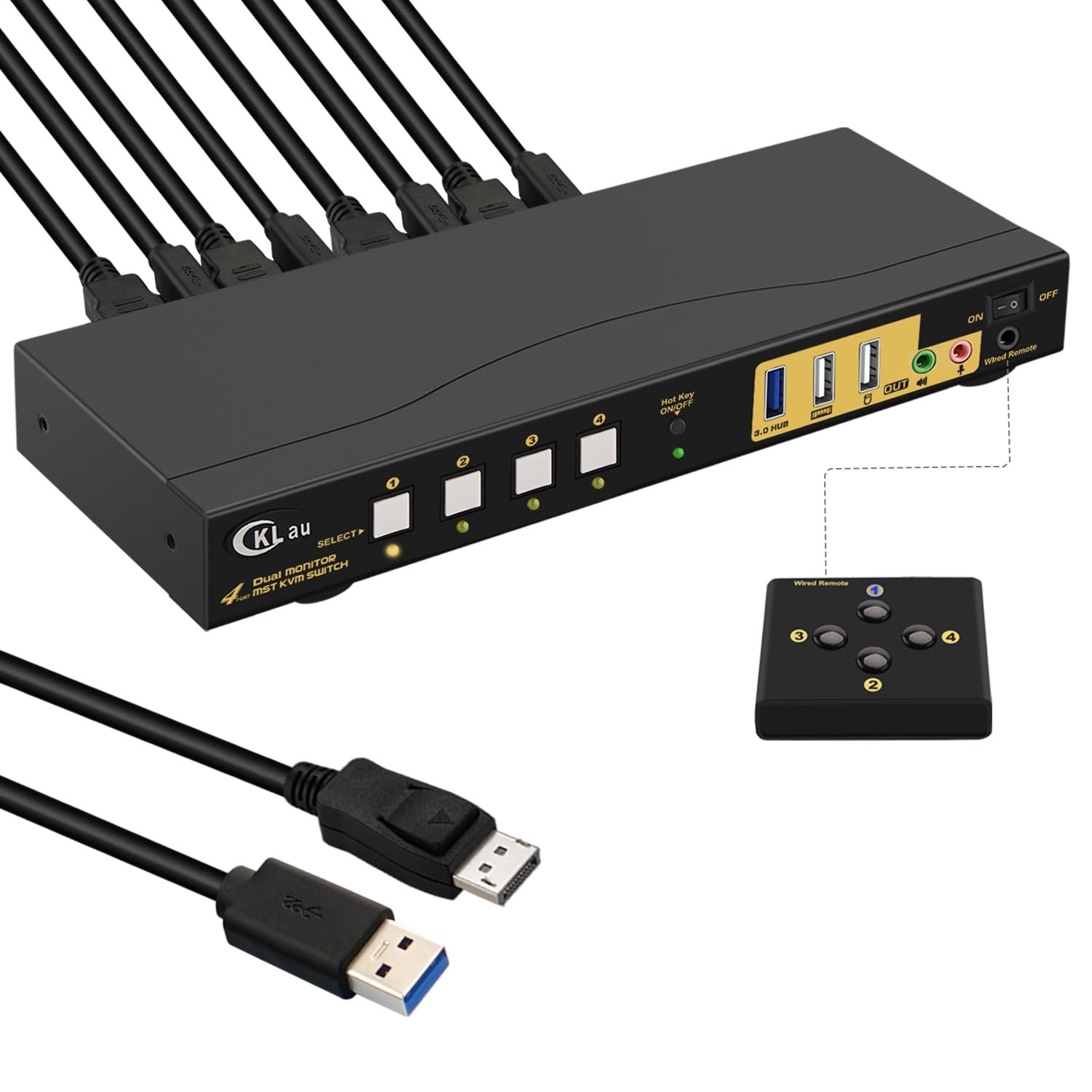 4K60Hz 2K@144Hz MST KVM Switch 2 Monitors 4 Compuers (1 DP in, DP + HDMI Out) with Cables, Audio, Microphone, USB 3.0 Hub Supports Keyboard Mouse Switching Suit for Laptops, PCs