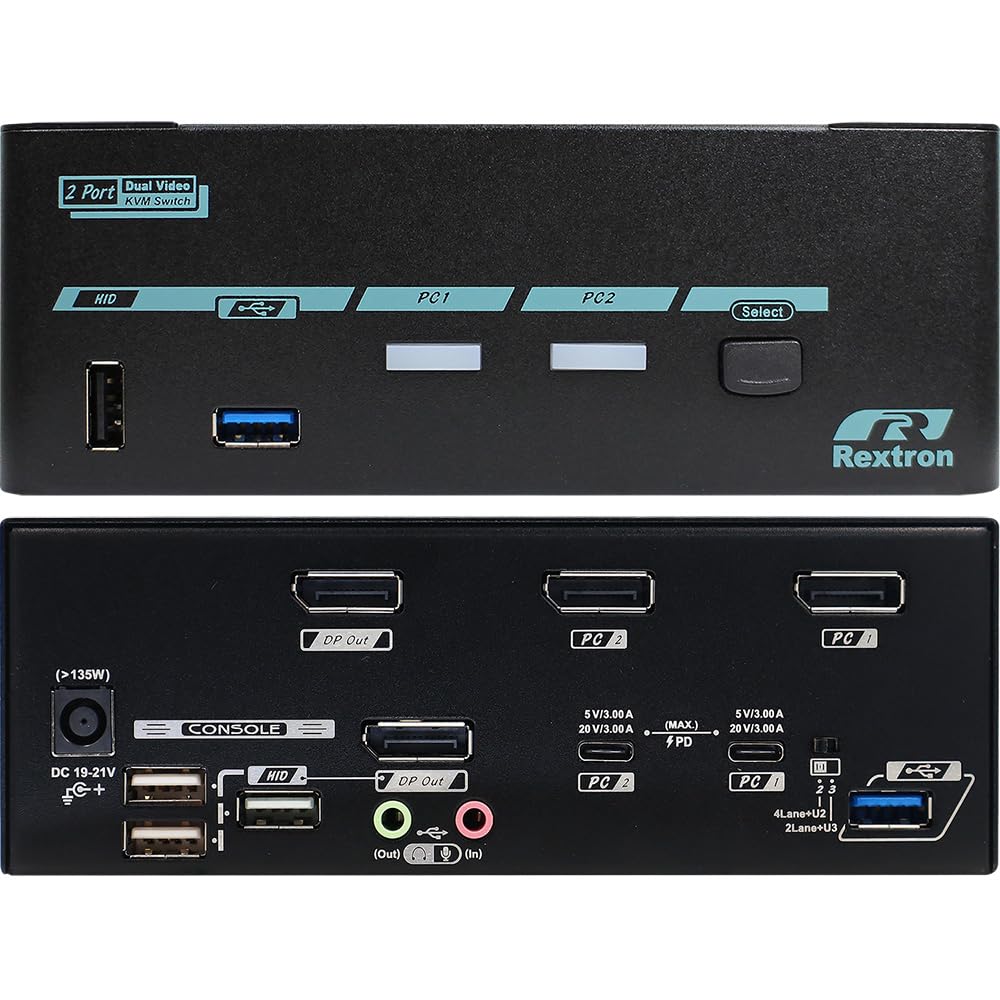 Hybrid KVM Switch for 2 Computers 2 Monitors with Displayport 1.2 & USB-C, Up to 8K@60Hz Resolution, USB 3.2 Gen, Auto EDID, Support HDCP 2.2/1.4, 20V PD Charging, CAHBP-P3122-13