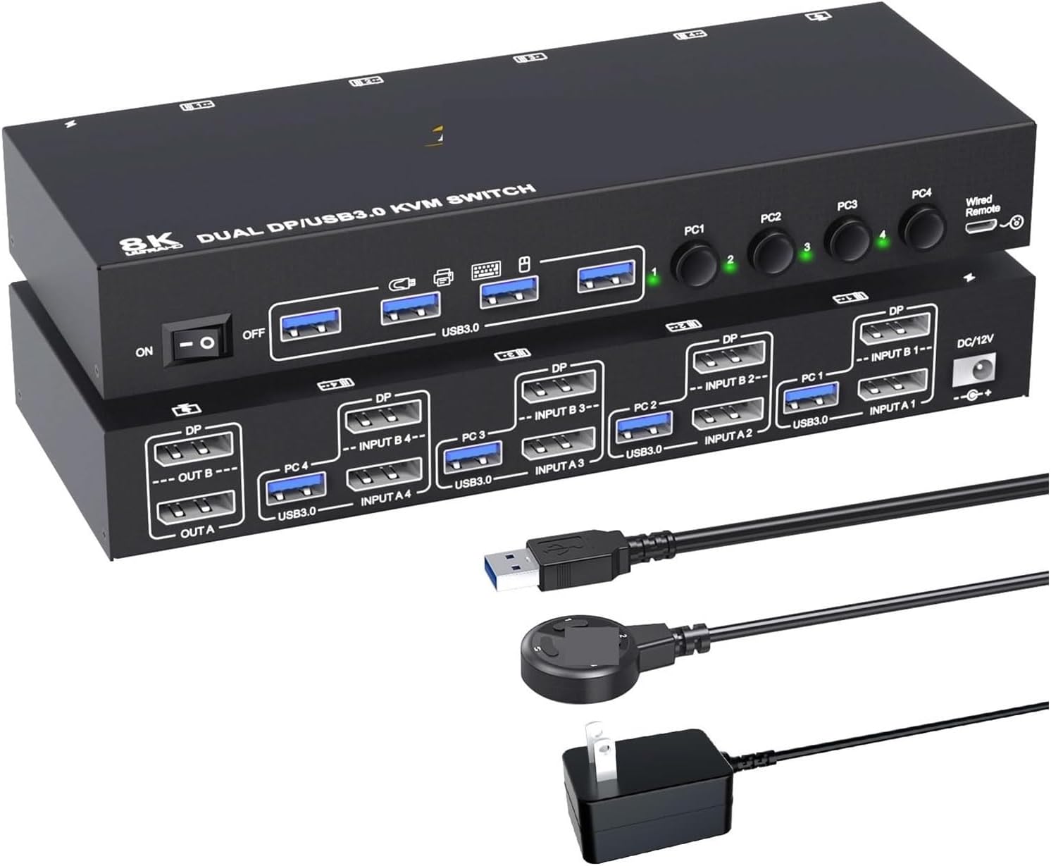 8K DP KVM Switch 2 Monitors 4 Computers,8K@30Hz 4k@144Hz Dual Displayport USB 3.0 Switcher for 4 PC Share Keyboard Mouse(with EU Plug)
