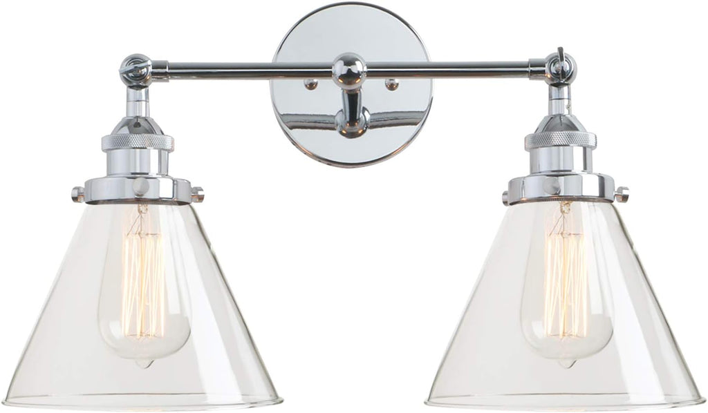 Permo Vintage Industrial Antique 2-Lights Wall Sconces with Dual Funnel Clear Glass Shade (Chrome)