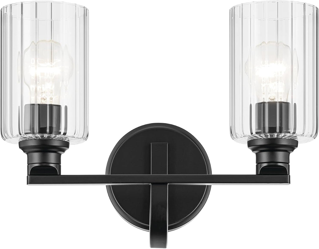 Kichler Gioe 14.25' 2-Light Bathroom Vanity Light Fixture with Clear Fluted Glass in Black, Damp Rated for Powder Room Over Mirror (14.25' W x 10.5' H), 55225BKFLU