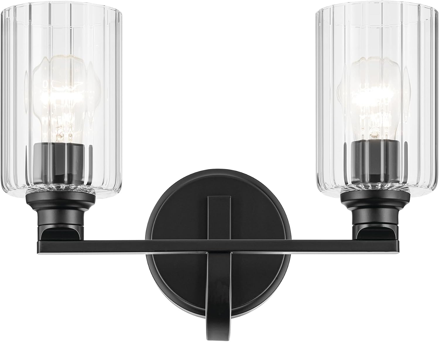 Kichler Gioe 14.25' 2-Light Bathroom Vanity Light Fixture with Clear Fluted Glass in Black, Damp Rated for Powder Room Over Mirror (14.25' W x 10.5' H), 55225BKFLU
