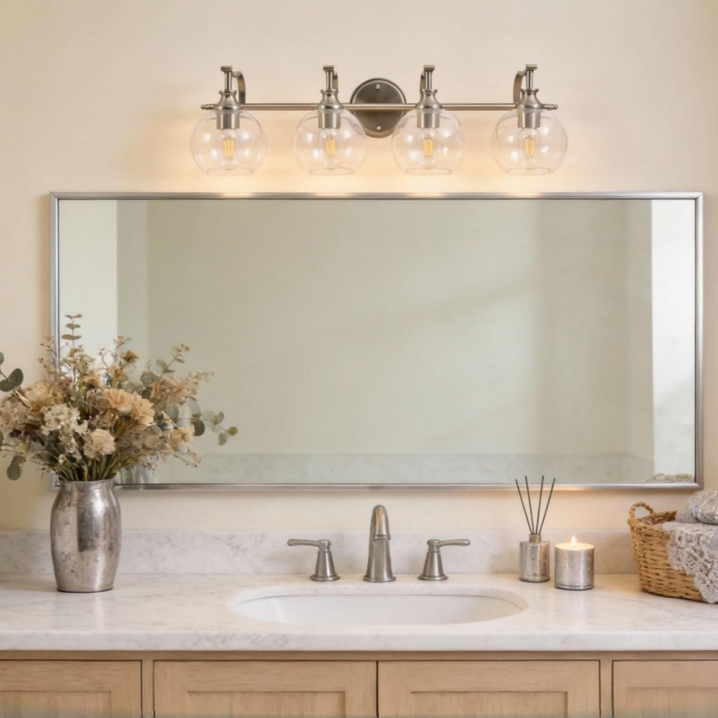 ANDY STAR Brushed Nickel Vanity Lights for Bathroom, 4 Light Vanity Light Brushed Nickel, Farmhouse Vanity Lighting Fixtures, 30.5 Inch Modern Silver Wall Sconce, E26 Base Bulbs Required, UL Certified