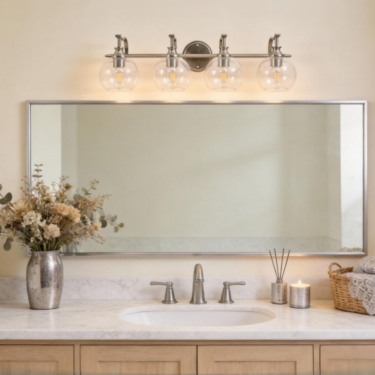 ANDY STAR Brushed Nickel Vanity Lights for Bathroom, 4 Light Vanity Light Brushed Nickel, Farmhouse Vanity Lighting Fixtures, 30.5 Inch Modern Silver Wall Sconce, E26 Base Bulbs Required, UL Certified