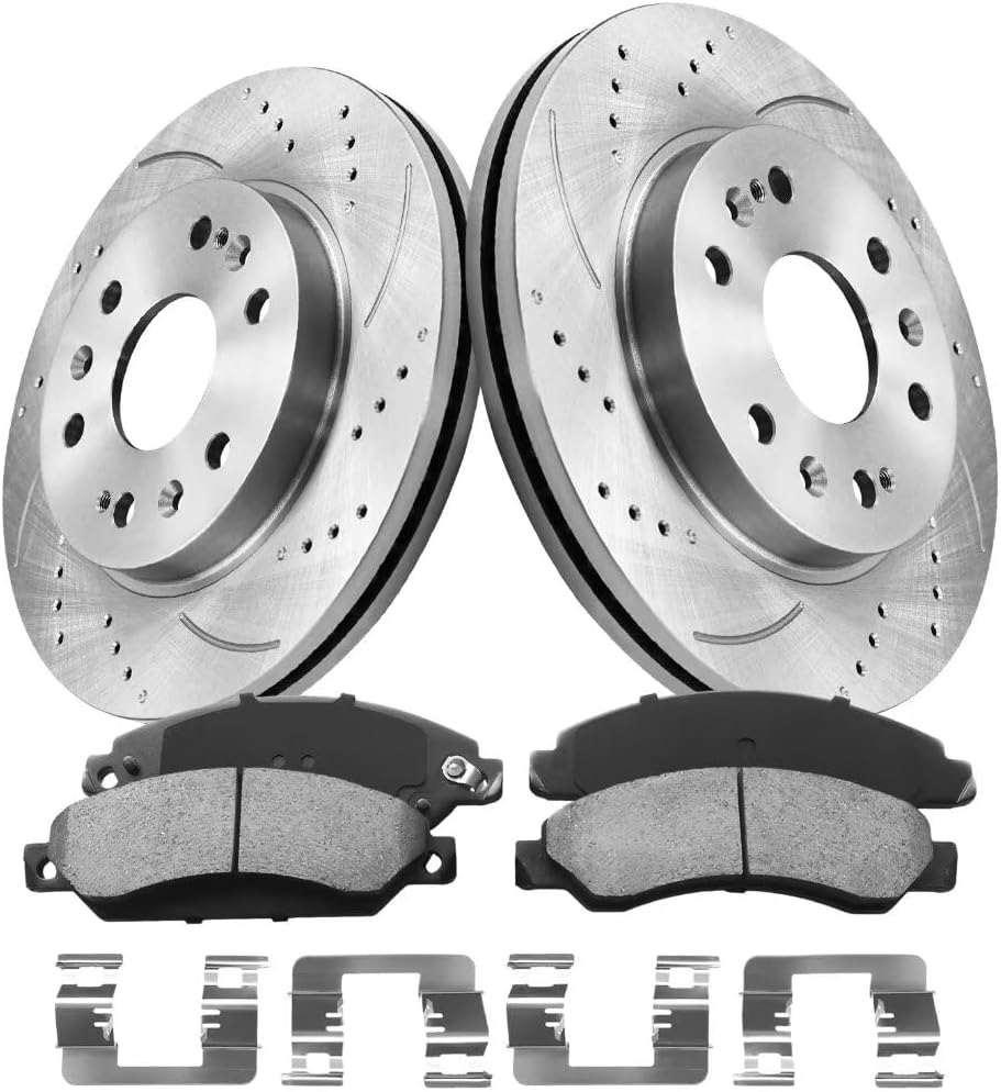 Front Automotive Replacement Brake Kit, Drilled Slotted Rotors Kit Compatible with 2005-2018 Chevy Silverado 1500, 2007-2019 Chevy Tahoe|Premium OE Brake Rotors and Brake Pads|329.9mm(13in)