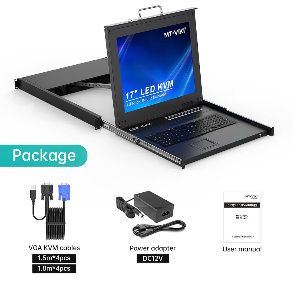 MT-VIKI Rack KVM Switch w/17'' LCD Monitor, 16 Port VGA KVM Switch with Keyboard Touchpad Monitor, Fit for 1U 19'' Rack, OSD/Hotkey/Button 【with 16 VGA KVM Cable】