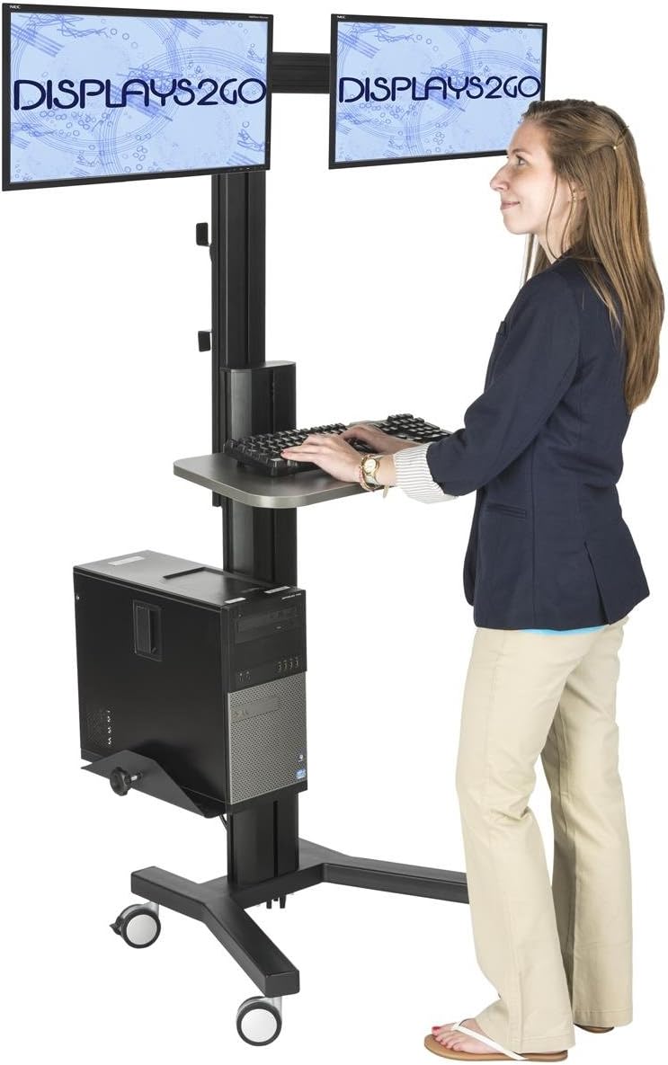 Displays2go Sit Stand Workstation, Dual Monitor Mount, Locking Wheels with CPU Holder (LPGPCRTB2H)