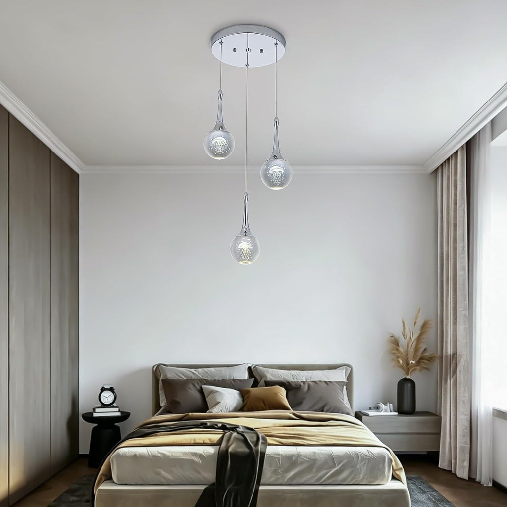 CHYING 3-Lights Pendant Lights Kitchen Island, Modern LED Dimmable Globe Crystal Jellyfish Teardrop Ceiling Pendant Lighting for Dining Room Hallway Entryway Bedroom, Chrome Cool White