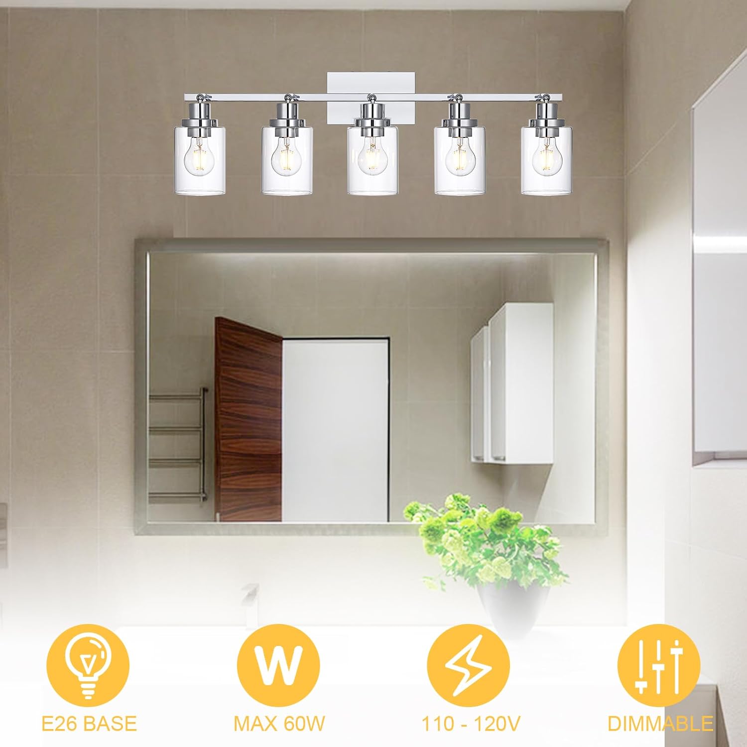 5-Light Track Lighting Kit Ceiling Kitchen Track Lighting Fixtures Chrome Bathroom Vanity Wall Lights with Clear Glass Multi-Directional Rotating Tracking Light Heads Spotlight for Accent Shop