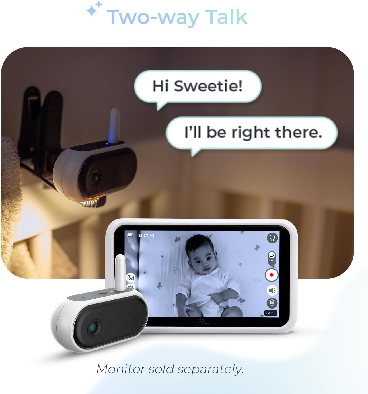Tiny Traveler Add-On Ai Baby Car Camera – 1080P HD, Night Vision, 1000Ft Long Range, Night Light, Lullabies, Easy Install for Twins, 2 Kids, or Pets (Monitor Not Included)