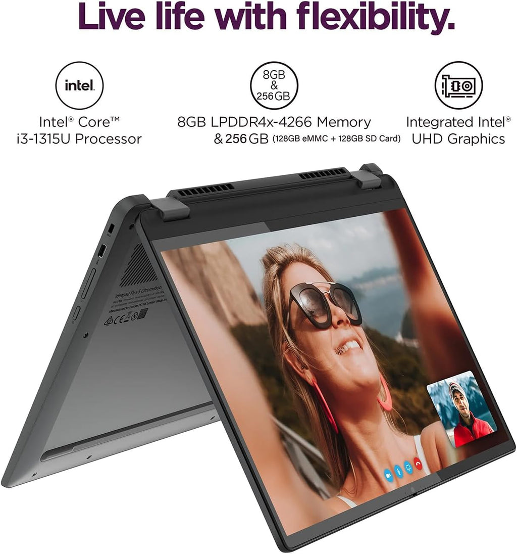 Lenovo IdeaPad Flex 5i Chromebook Plus 14' FHD+ 2-in-1 Touchscreen Laptop (Intel Core i3-1315U, 8GB RAM, 256GB Storage), FHD Webcam, Backlit, Chrome OS (Renewed)