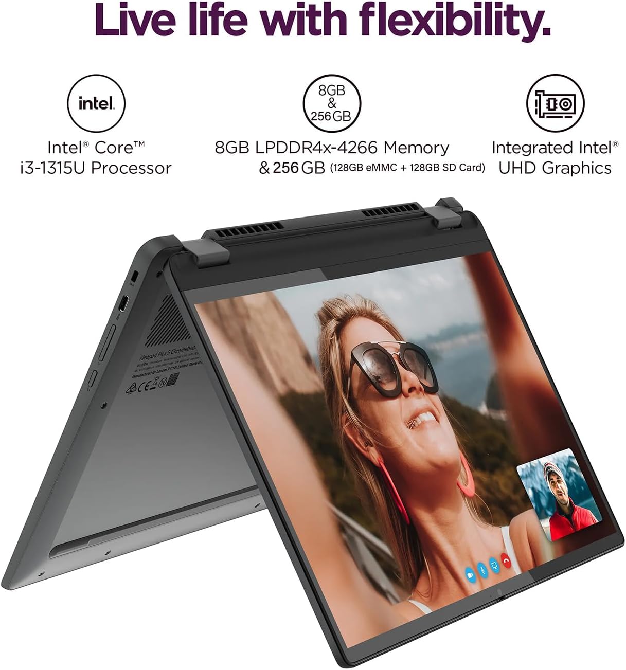Lenovo IdeaPad Flex 5i Chromebook Plus 14' FHD+ 2-in-1 Touchscreen Laptop (Intel Core i3-1315U, 8GB RAM, 256GB Storage), FHD Webcam, Backlit, Chrome OS (Renewed)