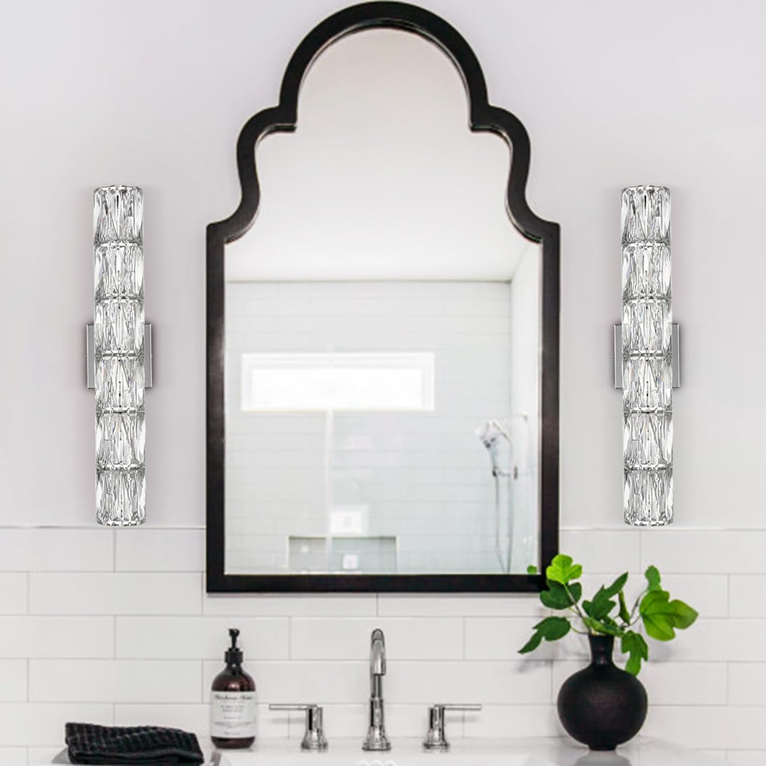 SAMTEEN Chrome Crystal Wall Sconce Contemporary 6-Light Crystal Sconces Wall Lighting Modern Nickel Wall Sconce Clear Glass Wall Light Fixture for Bathroom Living Room Bedroom Hallway