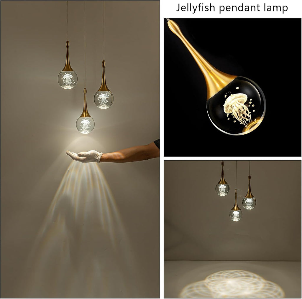 CHYING 3-Lights Pendant Lights Kitchen Island, Modern LED Dimmable Globe Crystal Jellyfish Teardrop Ceiling Pendant Lighting for Dining Room Hallway Entryway Bedroom, Gold Warm White
