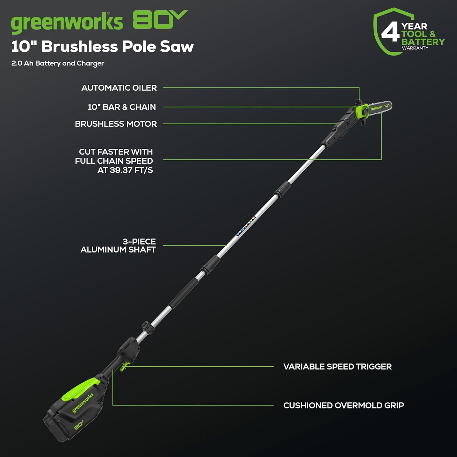 Greenworks 80V 10' Brushless Cordless Polesaw (Great For Pruning and Trimming Branches / 75+ Compatible Tools), 2.0Ah Battery and Charger