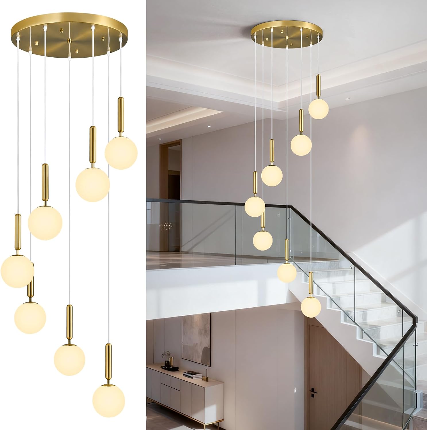 7-Lights Gold Chandelier with Milk White Glass Hanging Fixture Light for Kitchen Island Mid Century Modern Globe Pendant Light for Foyer Living Room Entryway Hallway