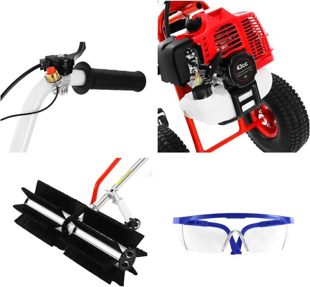 1.7HP 2 Stroke Hand Push Industrial Sweeper - 43CC Gas Power with Air Cooling System - Portable Outdoor Snow & Lawn Cleaner