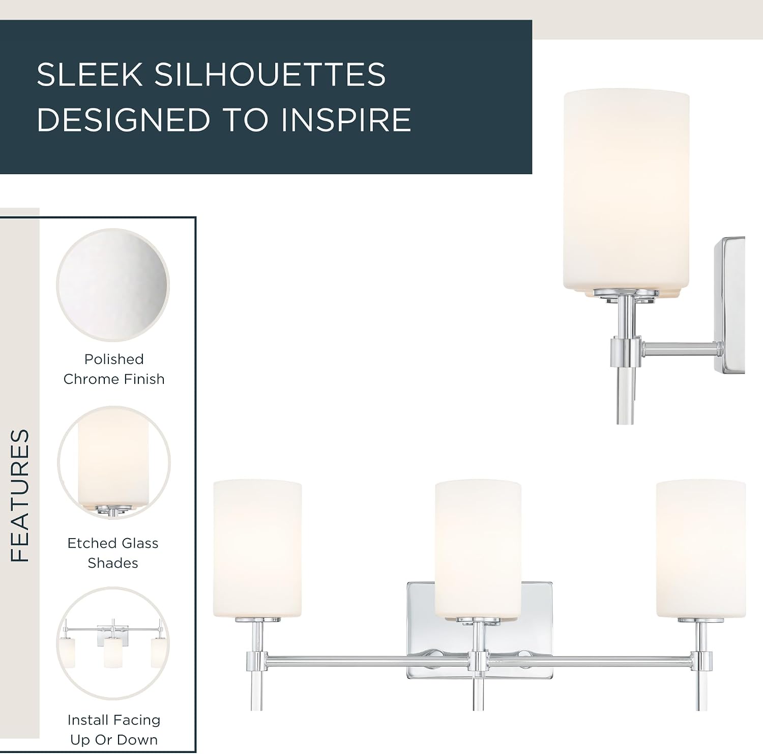 Quoizel Rossfield 24' 3-Light Vanity Light, Chrome with White Etched Glass, Dimmable LED Compatible