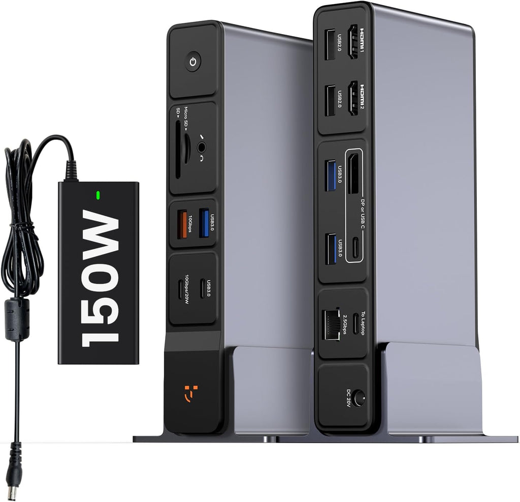 TobenONE USB C Docking Station 3 Monitors, 18-in-1 Triple 4K Display, 150W Power Adapter with 20W Fast Charging, 8 USB Ports up to 10Gbps, 2 HDMI/DP/USB C, for Windows/Chrome OS