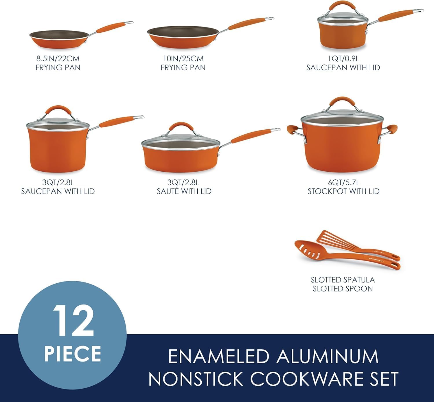 Rachael Ray Cucina Nonstick Cookware, Pumpkin Orange Pots and Pans Set, 12-Piece