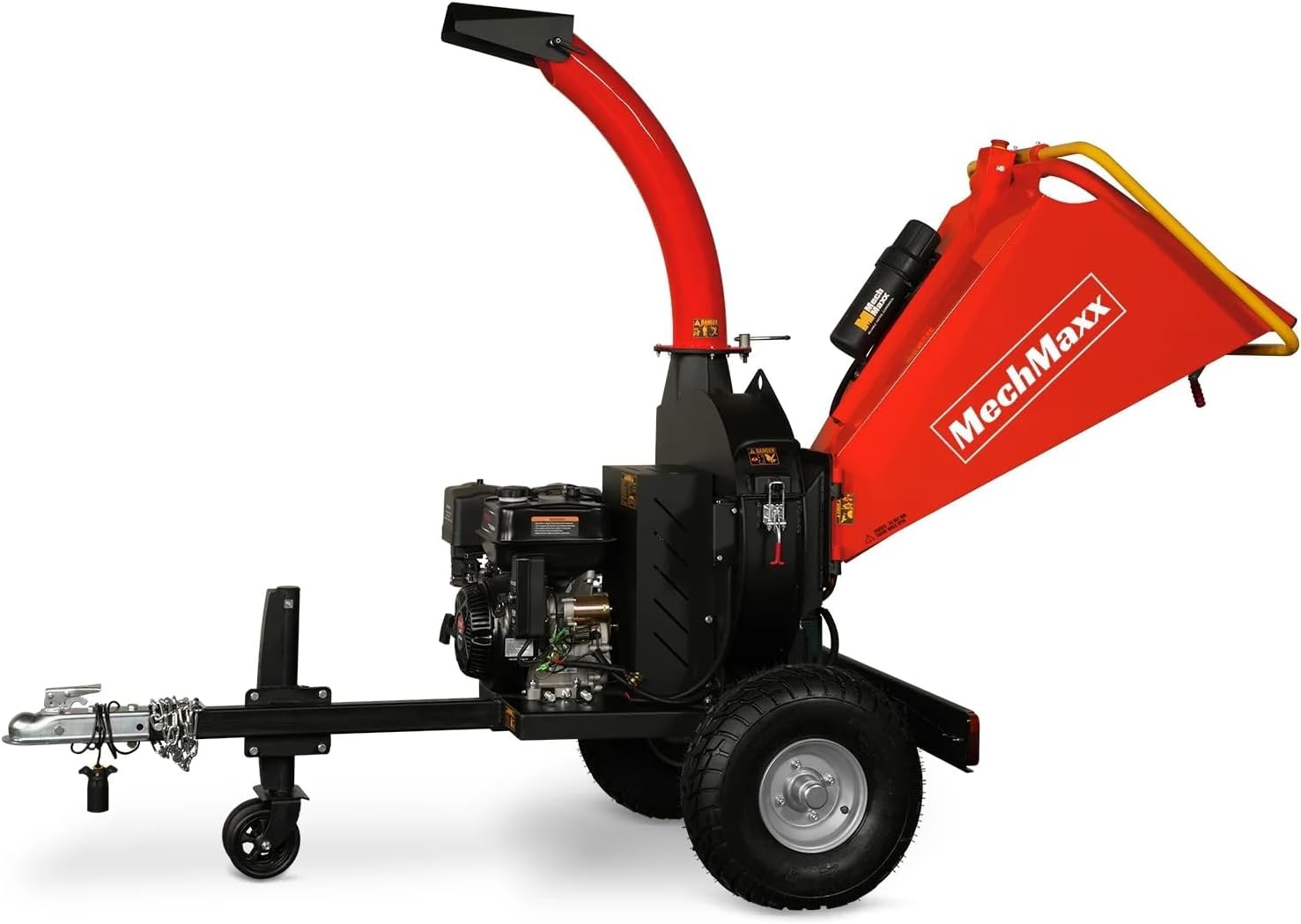 MechMaxx 5'' Inch E-Start 420cc 15hp Gas Powered Wood Chipper Shredder Mulcher with Tail Light, Towbar, Emergency Stop Button, Stop Bar, Model P4205 Red