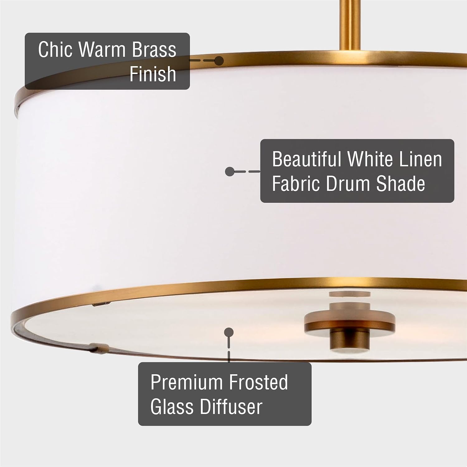 Kira Home Chloe 15' Modern Gold Semi-Flush Mount Ceiling Light with White Fabric Drum Shade, 3-Light Hanging Fixture with Tempered Glass Diffuser, Warm Brass Finish