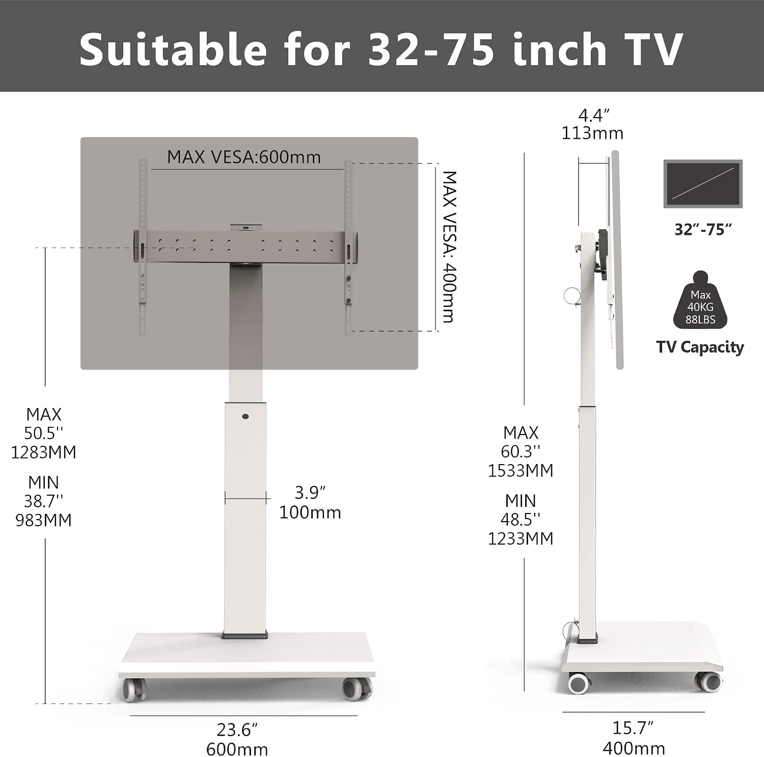 FITUEYES Rolling TV Stand - Portable Mobile TV Cart on Wheels for 32 to 65 70 75 Inch TVs, Landscape to Portrait Rotating and 40°Swivel, Height Adjustable TV Cart Rolling TV Stand Hold Up to 88 Lbs